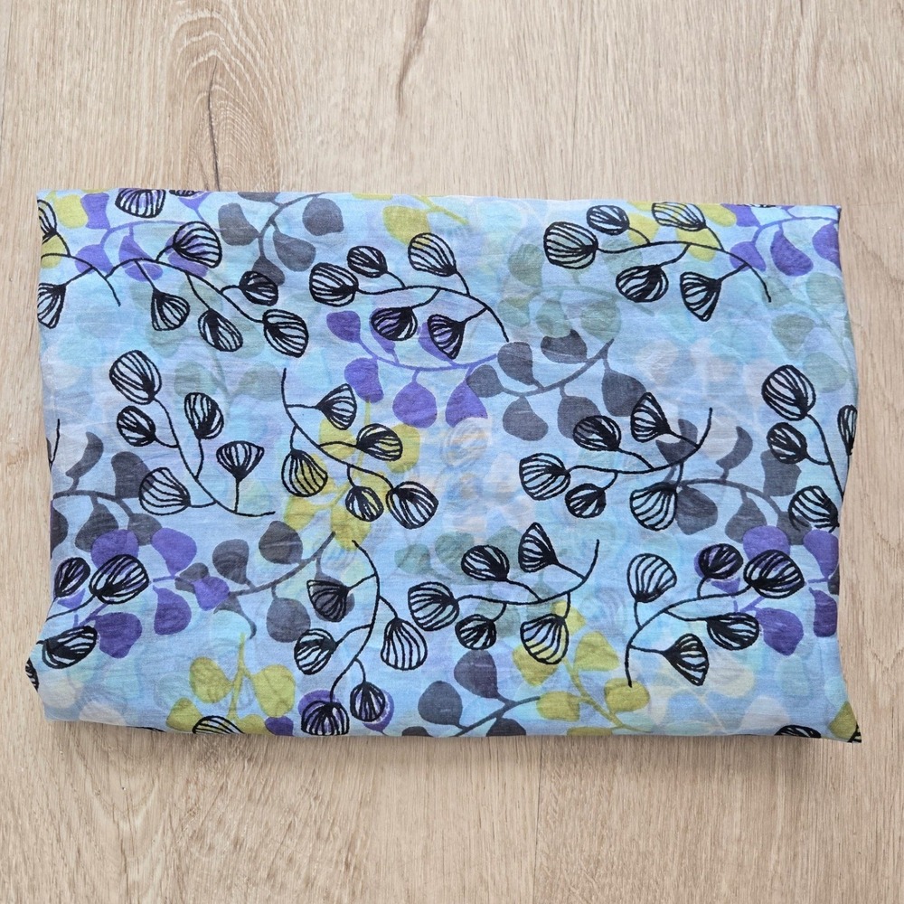 The Quintessential Silk Scarf Blue Purple Botanical Leaf Print Sheer Long 60in